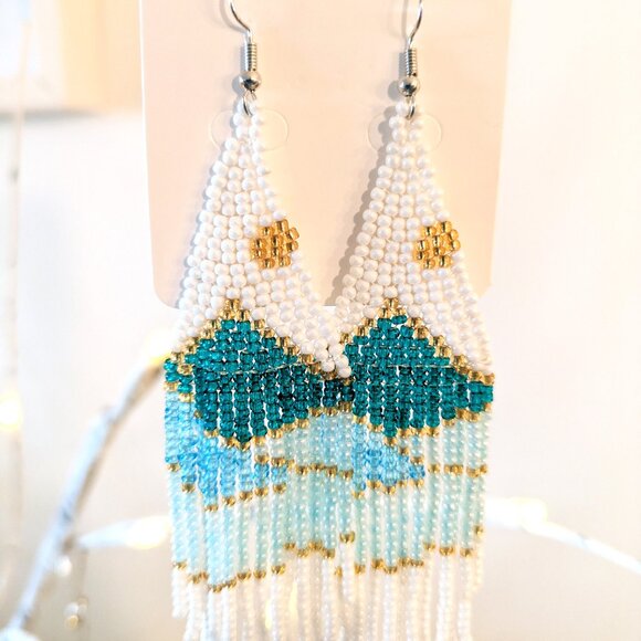 Boho Vintage Vibe Colorful Beaded Tassel Earrings - White, Green, Turquoise - Picture 2 of 4